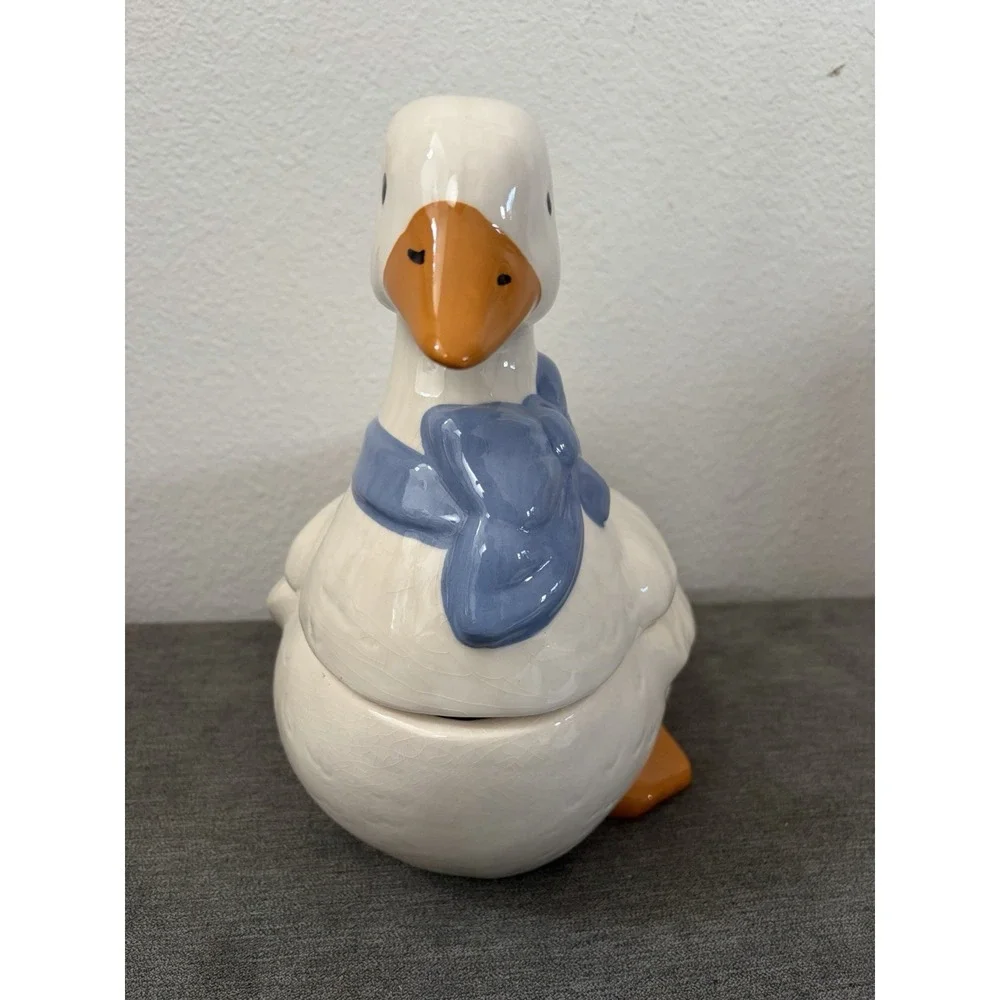 VTG Mother Goose Ceramic Cookie Jar Blue Bow Orange Feet Farmhouse Cottagecore